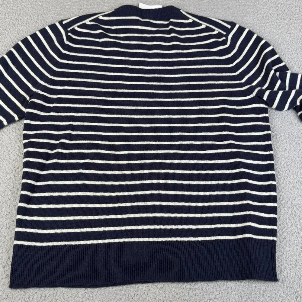 J CREW Sweater Men XL Navy Cream Striped Lambswool Blend Crew Neck Knit Pullover